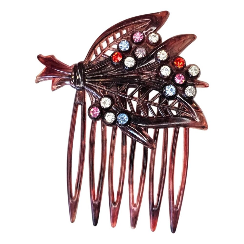 Vintage Tortoiseshell Hair Comb Brooch Jewels Rhinestones Austria Bouquet Leaves